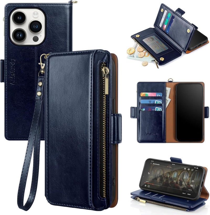 Antsturdy Compatible with iPhone 16 Pro Max Wallet Case,RFID Blocking PU Leather Phone Case Women Men Kickstand flip Cover Wrist Strap Zipper Credit Card Holder Slots for Apple 16 ProMax,Dark Blue - Image 1